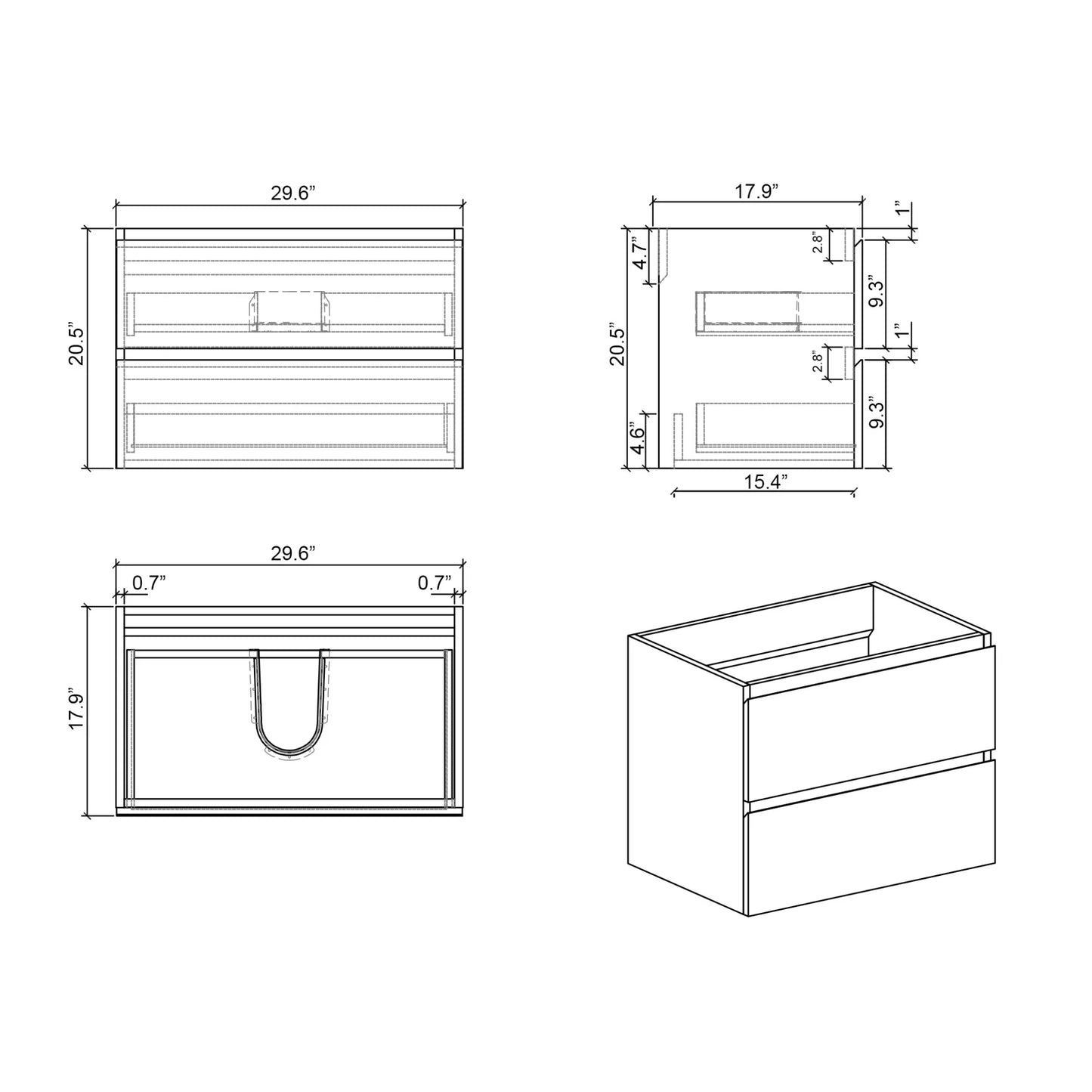 Wall Mount Bathroom Cabinet Without Basin, Gray Two-Drawer Storage Unit with Pre-Assembled Design for Space-Saving Modern Bathrooms