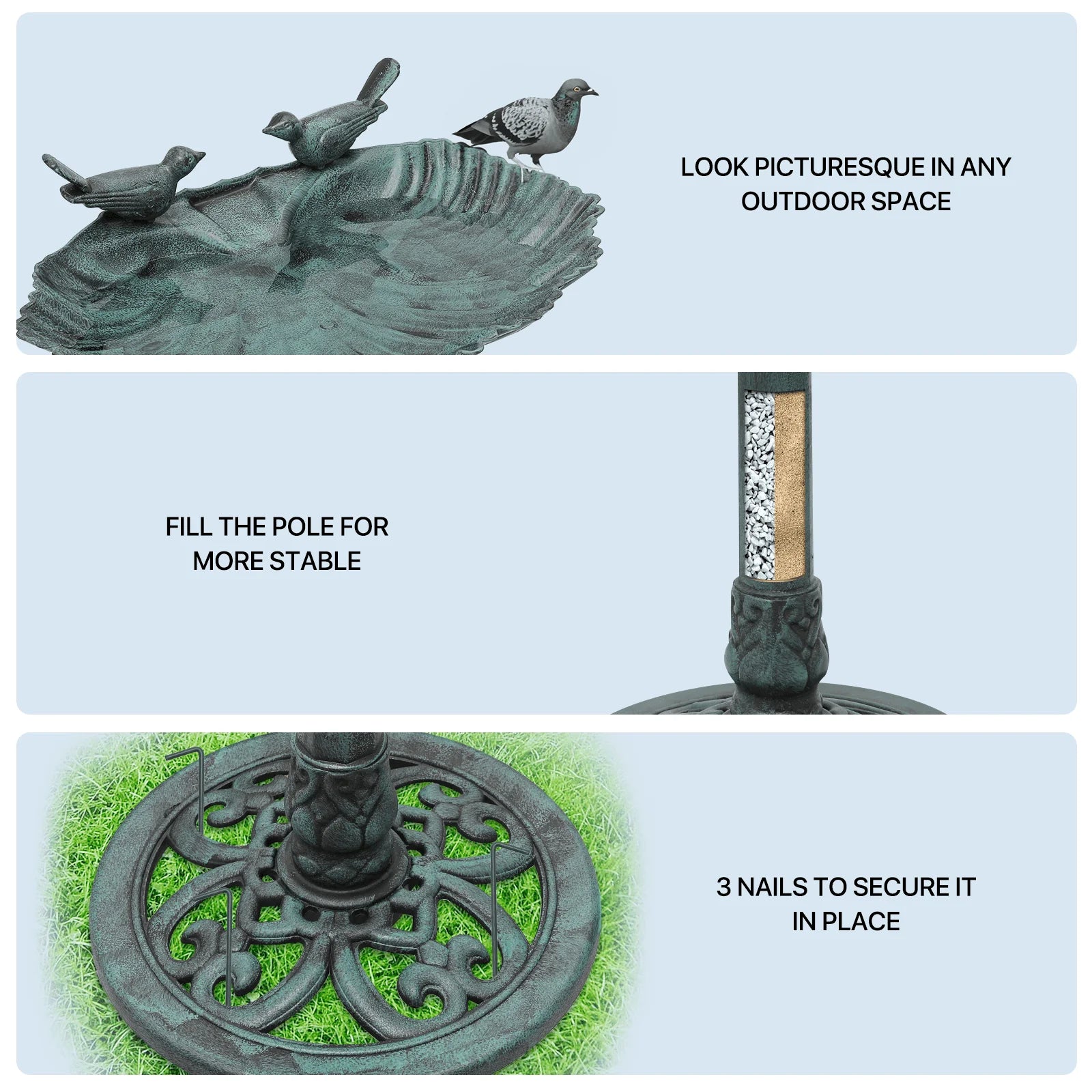 MoNiBloom Outdoor Pedestal Bird Bath with Solar Pumb, for Garden Patio Backyard Décor, Green