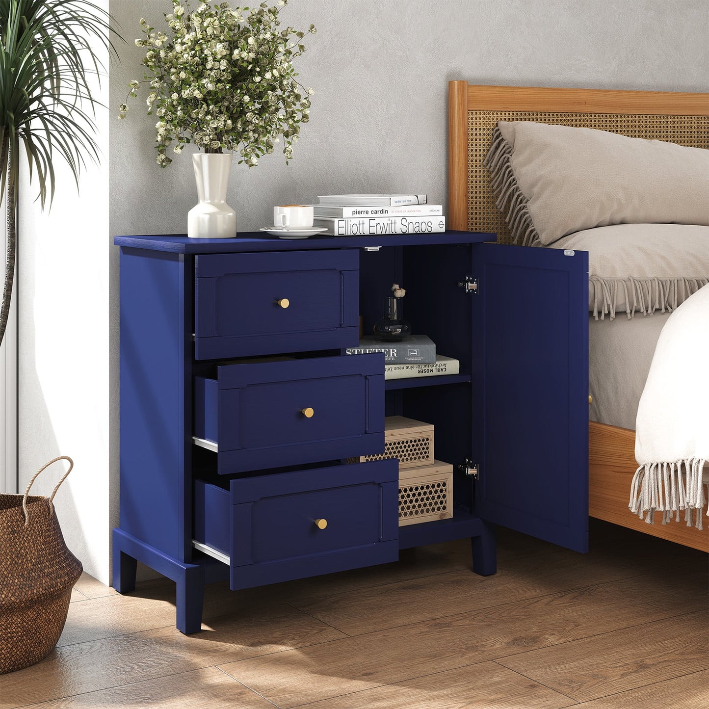CBJCBJ 31.7"Storage Cabinet, Classical 3 Drawers & 1 Door Design with Gold-Tone Handles, Multi-Use Organizer for Living Room, Kitchen, Bathroom��BLUE)