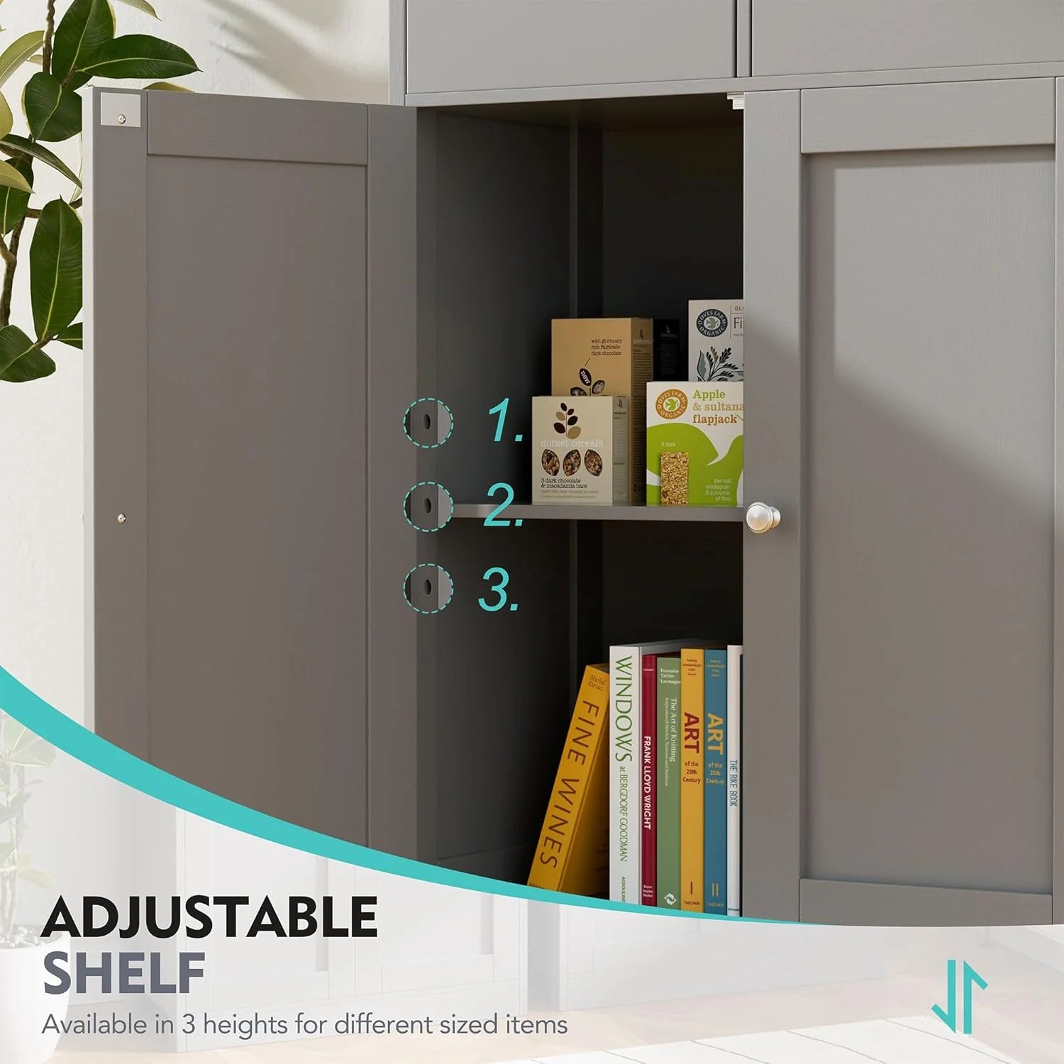 Vongrasig Farmhouse Freestanding Pantry Cabinet with 2 Drawers and Shelves, Wooden Storage Organizer for Bathroom, Living Room, Grey