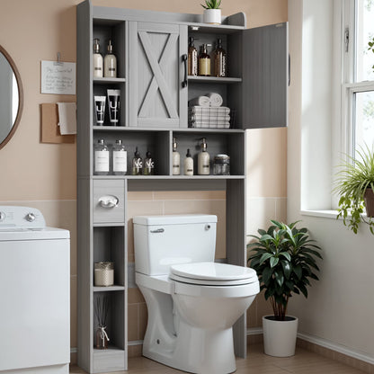 Lacoo Over The Toilet Storage Cabinet with Barn Doors, Farmhouse Style Space Saver for Over Toilet Storage with Toilet Paper Holder, for Bathroom, Restroom, White