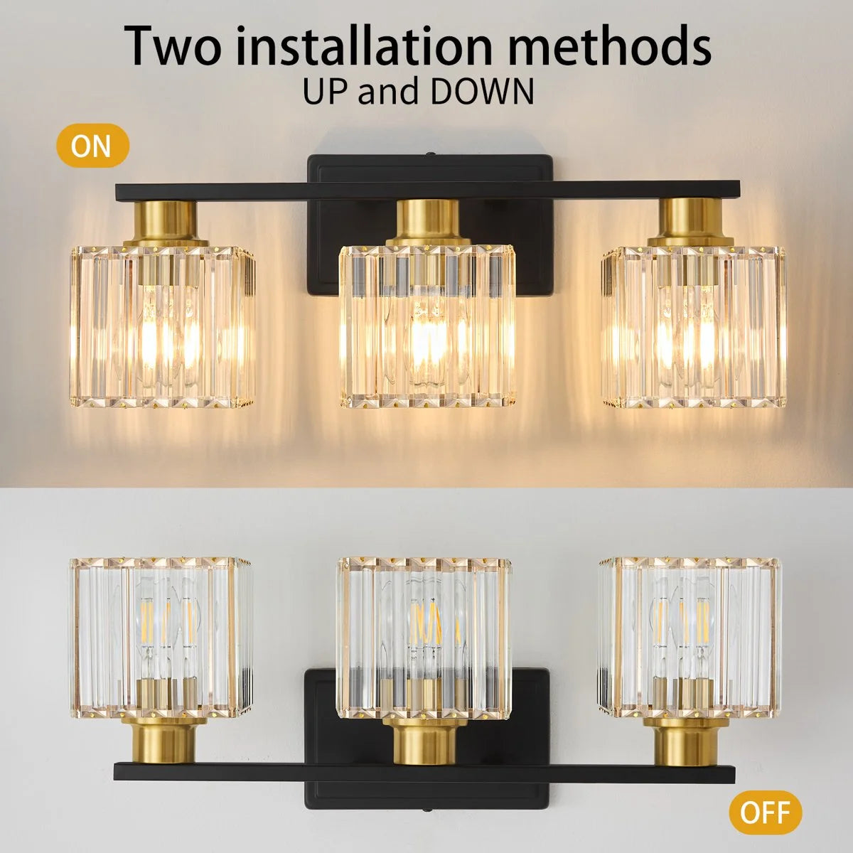 Deyidn Modern Bathroom Vanity Light 3-Lights Modern Black Gold Brushed Brass Finish Crystal Bathroom Wall Light Bathroom Vanity Light Fixtures