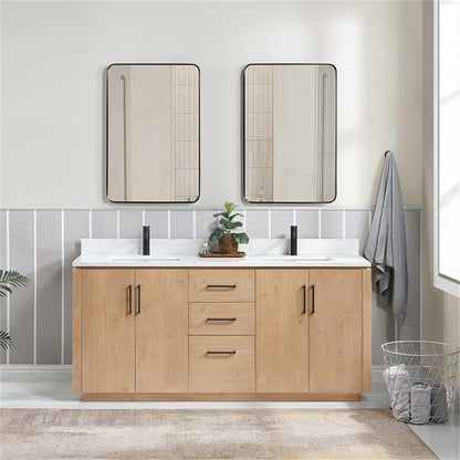 Vinnova San 72" Double Sink Wood Bath Vanity with Grain Stone in Brown/White