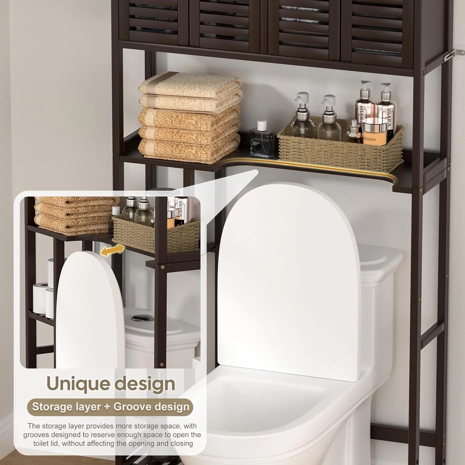 Over The Toilet Storage Cabinet with Paper Holder Stand,Bamboo Bathroom Organizer Shelf with Four Door and Waterproof Feet Pad,Space Saver Rack with Anti-Tip Design (Brown)