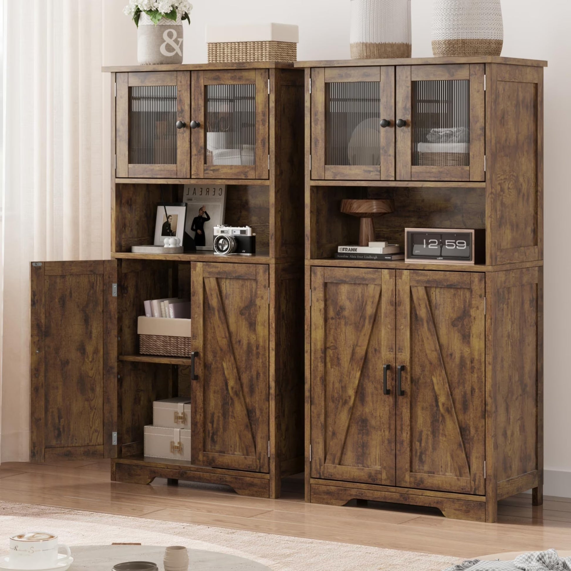 AOILE Farmhouse Bathroom Storage Cabinet with Glass Doors & Adjustable Shelves, Freestanding Kitchen Pantry Cabinet