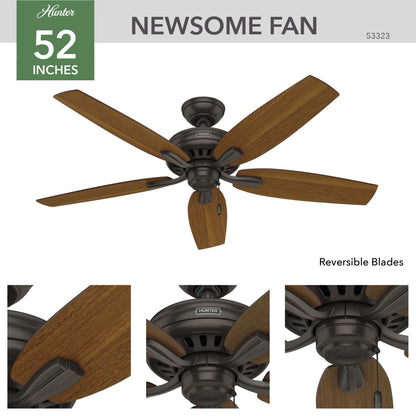 Hunter - Newsome Indoor/Outdoor Ceiling Fan, 52-inch, Premier Bronze, Traditional-style, 3-speed WhisperWind Motor, 53323, for porches, patios, sunrooms, bathrooms