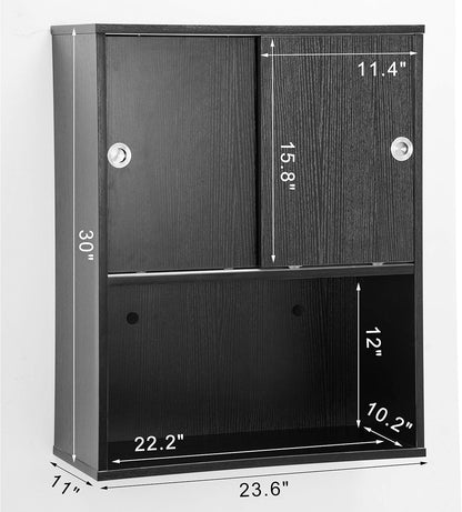 BarberPub Wall Mounted Bathroom Storage Cabinet with Sliding Door and Shelf, Salon Storage Equipment, 30"(H)x 23.6"(W), Black