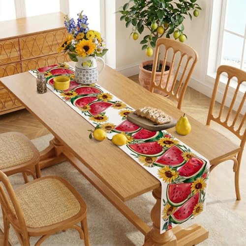 Summer Floral Watermelon Table Runner, Sunflower Decorations Watermelon Decor Strawberry Wildflowers Fruit Spring Summer Seasonal Kitchen Dining Table Decoration for Home Party Decor