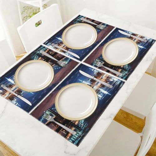 New York Night Placemats Set of 6 Heat Resistant Place Mats Washable Table Mat Anti Slip Dining Table Place Mat Wipeable Placemat for Kitchen Indoor Outdoor Party 18X12In