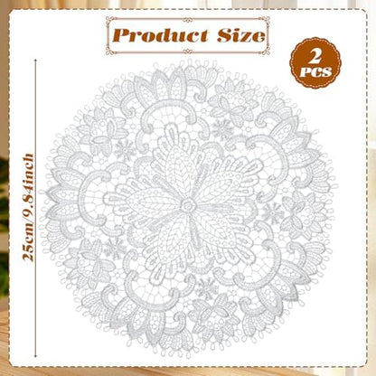2Pack Lace Doilies for Tables, 10" x 10" White Doily Round Delicate Floret Embroidered Lace Doily Vase Mat for Tables Kitchen Dining Room Wedding Birthday Party