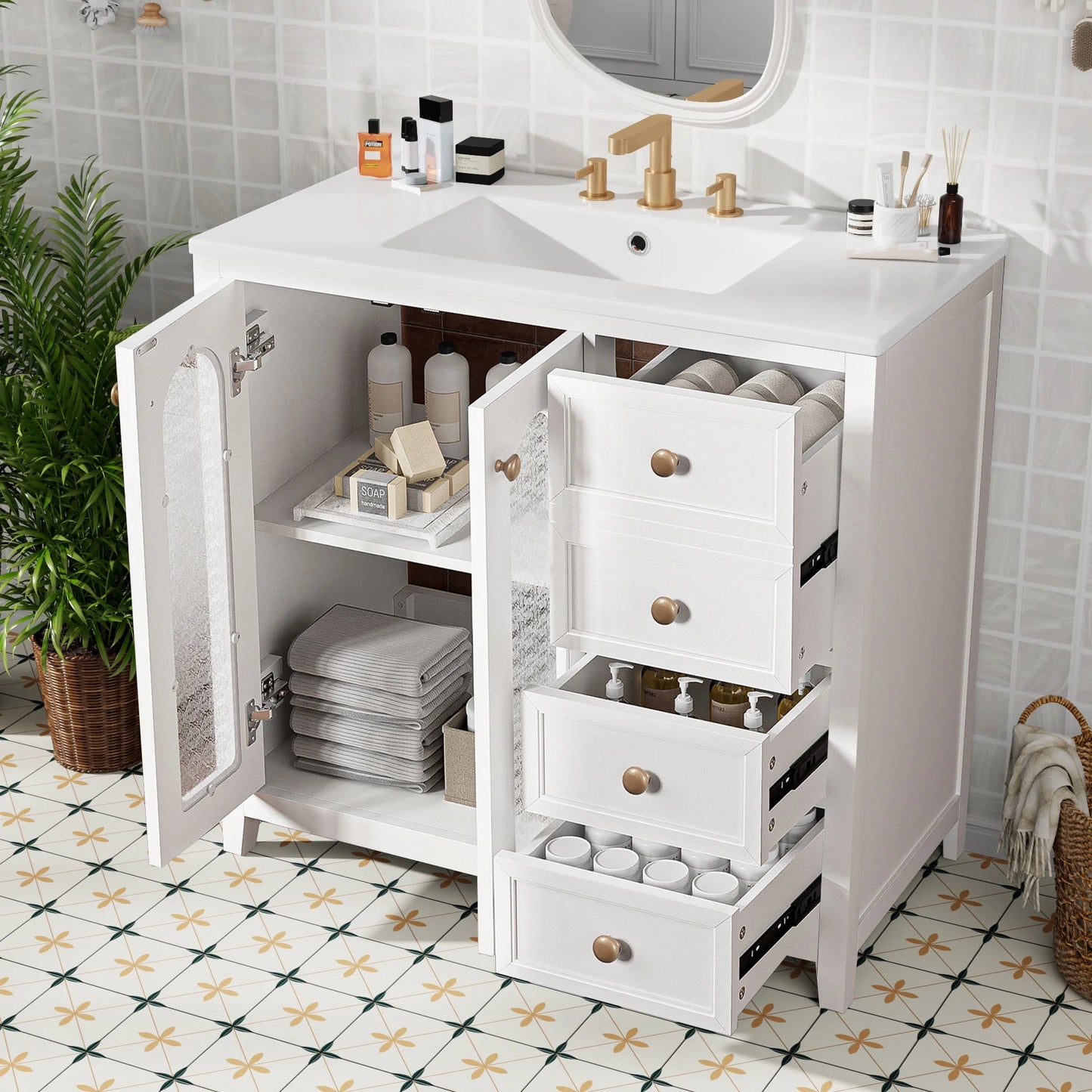 36-Inch Single Bathroom Vanity with Ceramic Top, 2 Glass Doors, Adjustable Shelves and Three Drawers
