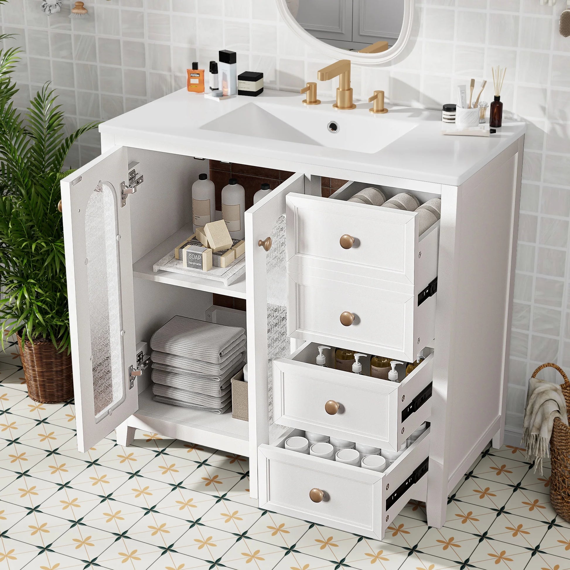 36-Inch Single Bathroom Vanity with Ceramic Top, 2 Glass Doors, Adjustable Shelves and Three Drawers