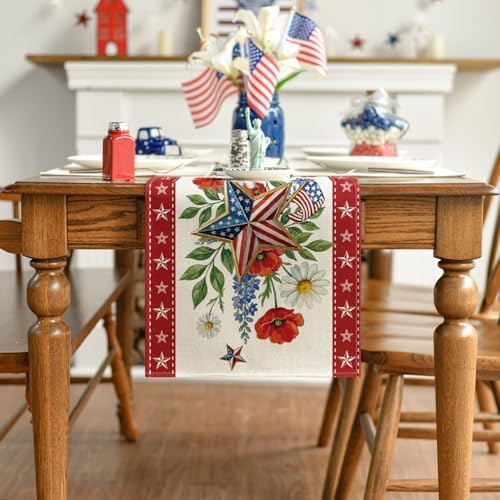 Artoid Mode American Flag Stars Flowers 210 GSM 4th of July Table Runner, Memorial Day Kitchen Dining Table Decoration for Home Party Decor 13x36 Inch