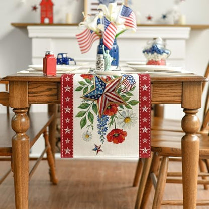 Artoid Mode American Flag Stars Flowers 210 GSM 4th of July Table Runner, Memorial Day Kitchen Dining Table Decoration for Home Party Decor 13x36 Inch