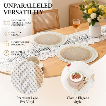 15 Inch Placemats Set of 4,Lace PVC Vinyl Round Place Mats,Non-Slip Waterproof Table Mats,Durable Washable Wipeable Placemats for Kitchen Dining Party Decor(4, Twisted Rope Braiding)