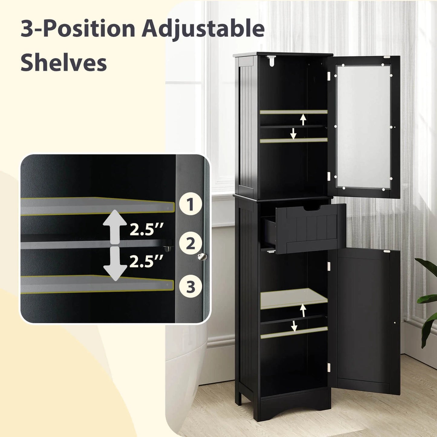 Costway Tall Bathroom Cabinet with Adjustable Shelves Deep Drawer for Living Room Black