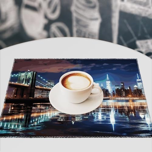 New York Night Placemats Set of 6 Heat Resistant Place Mats Washable Table Mat Anti Slip Dining Table Place Mat Wipeable Placemat for Kitchen Indoor Outdoor Party 18X12In