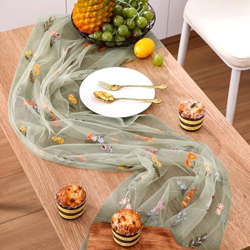 Boao 1 Pcs Wildflower Table Runner Embroidery Tulle Spring Summer Table Runner 120 Inch 10 ft Kitchen Dining Decoration for Wedding Baby Shower Bridal Shower Home Decor Birthday Party