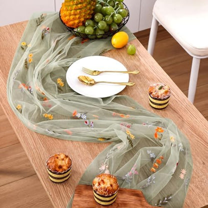 Boao 1 Pcs Wildflower Table Runner Embroidery Tulle Spring Summer Table Runner 120 Inch 10 ft Kitchen Dining Decoration for Wedding Baby Shower Bridal Shower Home Decor Birthday Party