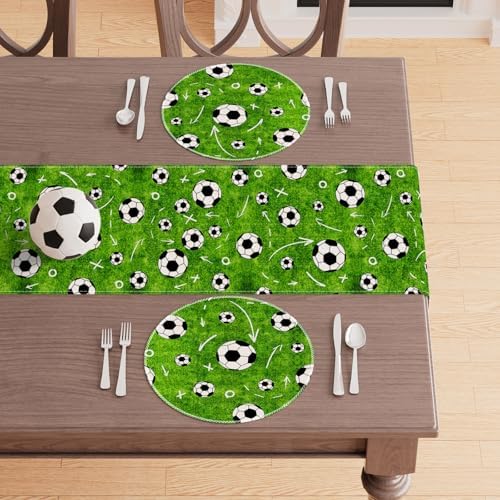 XCHI Green Soccer Grass World Cup Round Placemats Set of 4 Table Mats for Game Day Soccer Party Home Kitchen Dining Table Decorations 14x14 Inch