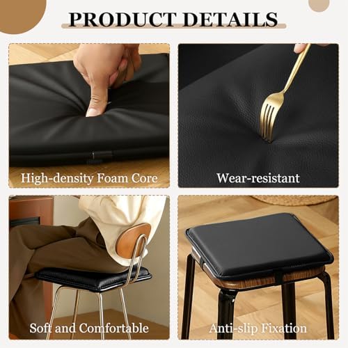 Bar Stool Cushion Faux Leather Square Cushion Set of 2/4 - Thick 3cm Non-Slip Stool Pads with Ties, Barstool Cushions for Dining & Kitchen Chair Pads (2, Beige, 14x14in)