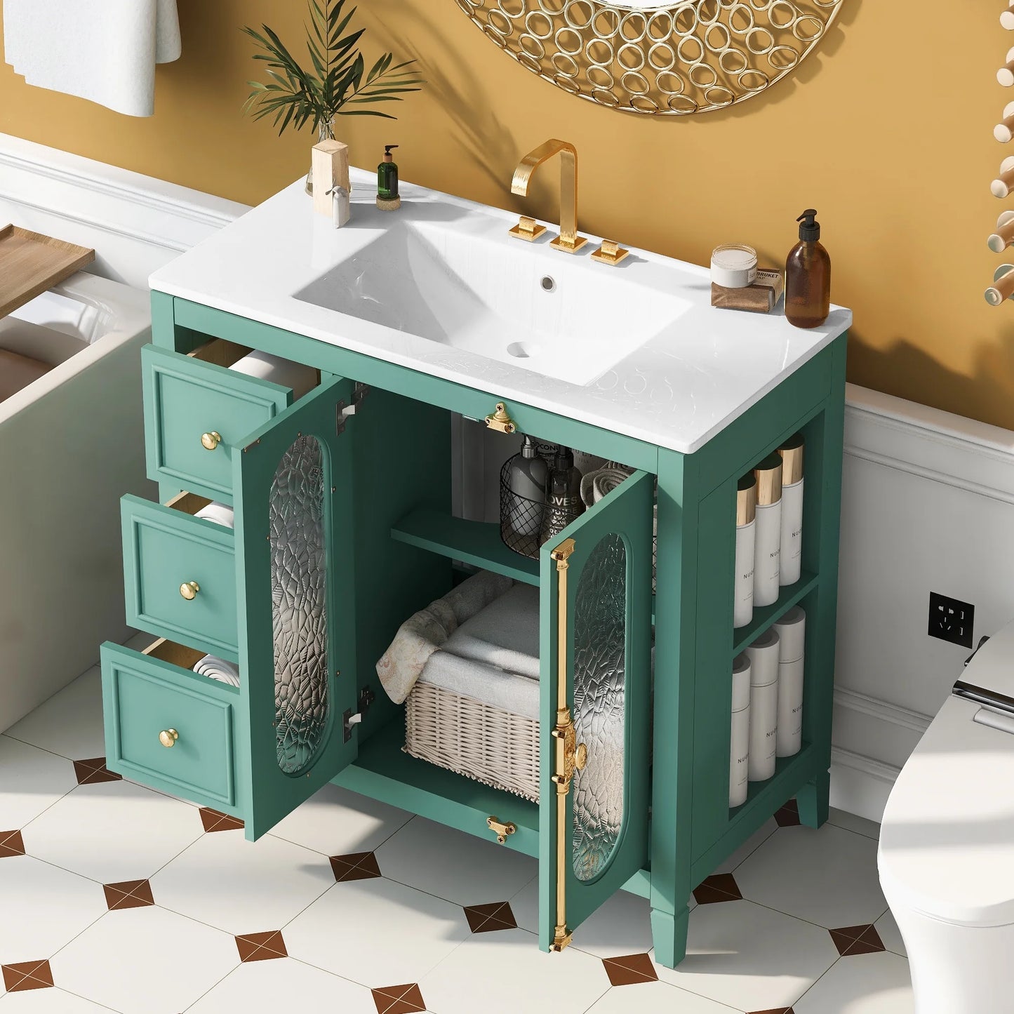 Euroco 36-inch Bathroom Vanity with 2 Soft Close Doors, Solid Wood Frame Modern Bathroom Storage Cabinet with 3 Drawers