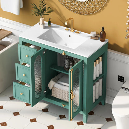 Euroco 36-inch Bathroom Vanity with 2 Soft Close Doors, Solid Wood Frame Modern Bathroom Storage Cabinet with 3 Drawers