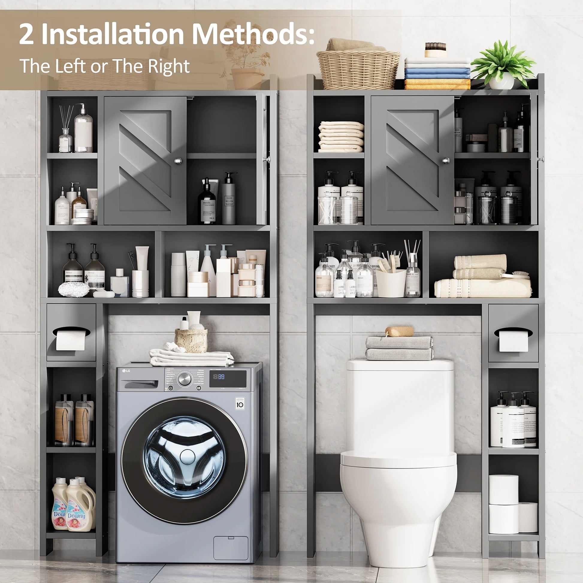 Walsunny Over the Toilet Storage Cabinets with Doors Side Shelves Toilet Paper Holder Stand Organizer Shelf Rack Space Saver above behind Toilet Freestanding for Bathroom Restroom Laundry Gray
