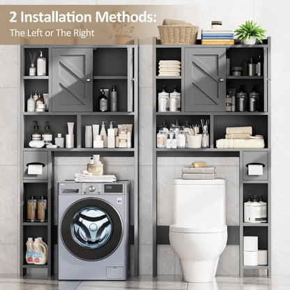 Walsunny Over the Toilet Storage Cabinets with Doors Side Shelves Toilet Paper Holder Stand Organizer Shelf Rack Space Saver above behind Toilet Freestanding for Bathroom Restroom Laundry Gray