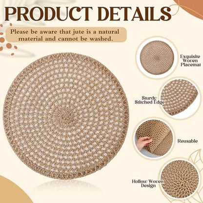 15 Inch Round Burlap Placemat Set of 6 Boho Jute Woven Charger Bulk Rustic Vintage Natural Brown Heat Resistant Dining Table Mat for Wedding Farmhouse Home Kitchen Easter Summer Decoration