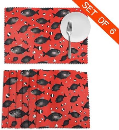 HJFCZH 6Pcs Heat Resistant Placemats, Thick & Wear-Resistant Table Mats for Dining, Home Kitchen Decor, Hotel Banquet, Washable Red Black Spot Fish Prints