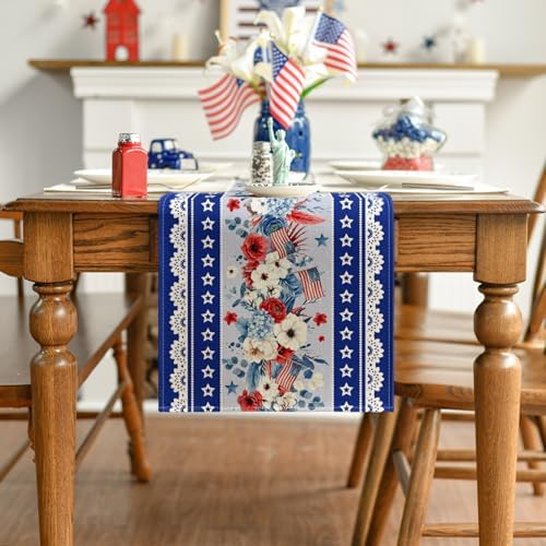Artoid Mode Blue Poppy American Flag Stars 210 GSM 4th of July Table Runner, Memorial Day Kitchen Dining Table Decoration for Home Party Decor 13x36 Inch