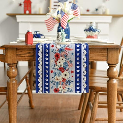 Artoid Mode Blue Poppy American Flag Stars 210 GSM 4th of July Table Runner, Memorial Day Kitchen Dining Table Decoration for Home Party Decor 13x36 Inch