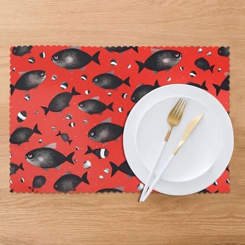 HJFCZH 6Pcs Heat Resistant Placemats, Thick & Wear-Resistant Table Mats for Dining, Home Kitchen Decor, Hotel Banquet, Washable Red Black Spot Fish Prints