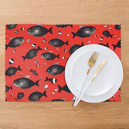 HJFCZH 6Pcs Heat Resistant Placemats, Thick & Wear-Resistant Table Mats for Dining, Home Kitchen Decor, Hotel Banquet, Washable Red Black Spot Fish Prints
