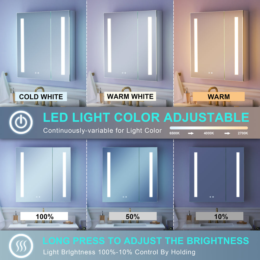 Forclover 30"x30" LED Mirror Medicine Cabinet for Bathroom with Defogger, Dimmer, Lights, Recessed or Surface Mount, Bathroom Cabinet with 3-tier Storage Shelves, Smart Touch, Anodized Aluminum