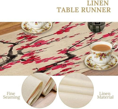 Japanese Floral Cherry Blossom Linen Table Runner , Table Cloth Washable , Tablecloth for Kitchen Coffee Table Family Dinners Holiday Parties Home Decor (13.4x72.4 Inch)
