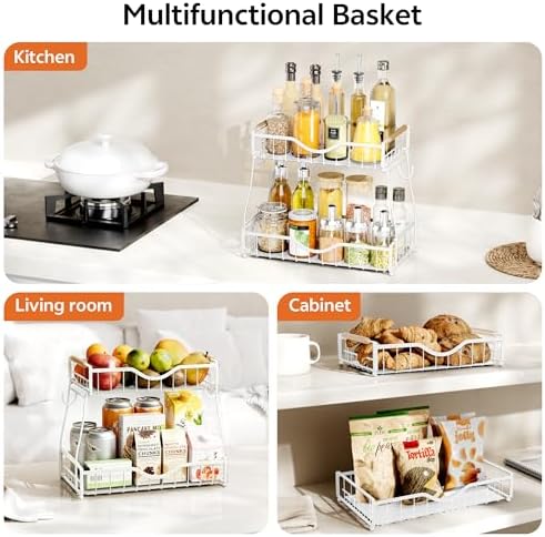 2 Tier Fruit Basket for Kitchen Countertop with 2 Banana Hangers,Detachable Metal Fruit Bowl with Wooden Handles and Protective Pads,Large Capacity Fruit and Vegetable Basket Organizer