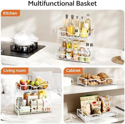2 Tier Fruit Basket for Kitchen Countertop with 2 Banana Hangers,Detachable Metal Fruit Bowl with Wooden Handles and Protective Pads,Large Capacity Fruit and Vegetable Basket Organizer