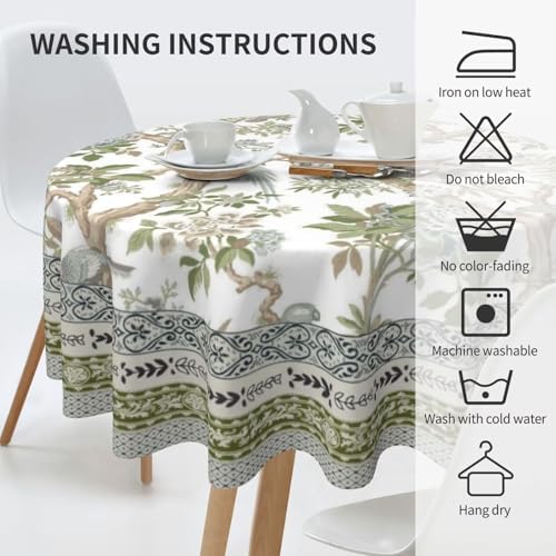 Spring Chinoiserie Floral Round Tablecloth 70 Inch Bird Tree Flower Pattern Table Cover Sage Green Branch Washable Decoration Tablecloth Indoor and Outdoor Dining Table Home Party Decor
