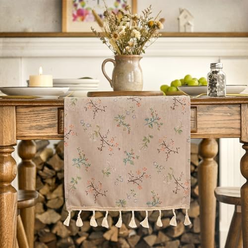 13 x 72 Inch Vintage Floral Table Runner Rustic Linen with Tassels, Seasonal Spring Wildflowers Flowers Style for Home Kitchen Dining Coffee Table Dresser Decoration