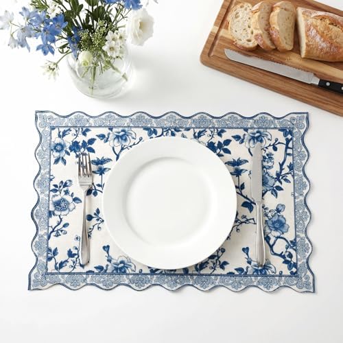 HunnmingRe Blue Floral Placemats Set of 4 12x18 Inch Chinoiserie Vintage Country Spring Placemats Washable Rustic Table Decoration for Kitchen Dining Restaurant Picnic Home Party Decor