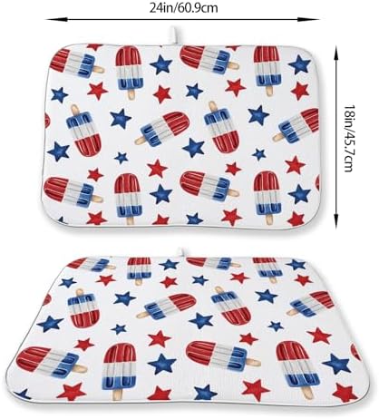 4th of July Dish Drying Mat 18x24 Inch Blue Red Ice Cream Stars Patriotic Drying Mat Independence Day Memorial Day Absorbent Dish Drying Pad Dish Rack Drainer Mats for Kitchen Dining Counter