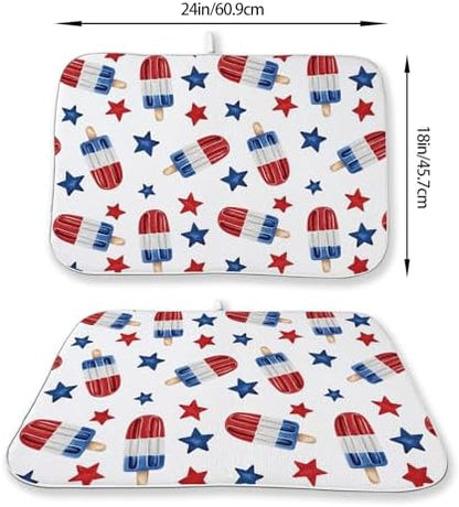 4th of July Dish Drying Mat 18x24 Inch Blue Red Ice Cream Stars Patriotic Drying Mat Independence Day Memorial Day Absorbent Dish Drying Pad Dish Rack Drainer Mats for Kitchen Dining Counter