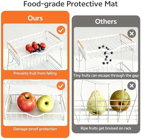 2 Tier Fruit Basket for Kitchen Countertop with 2 Banana Hangers,Detachable Metal Fruit Bowl with Wooden Handles and Protective Pads,Large Capacity Fruit and Vegetable Basket Organizer