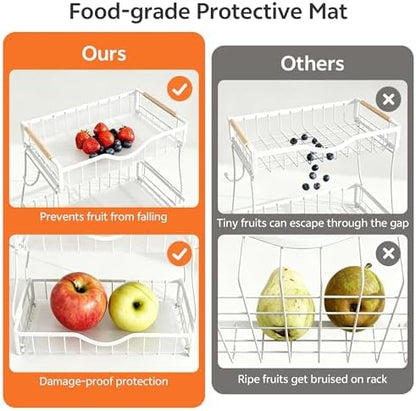 2 Tier Fruit Basket for Kitchen Countertop with 2 Banana Hangers,Detachable Metal Fruit Bowl with Wooden Handles and Protective Pads,Large Capacity Fruit and Vegetable Basket Organizer