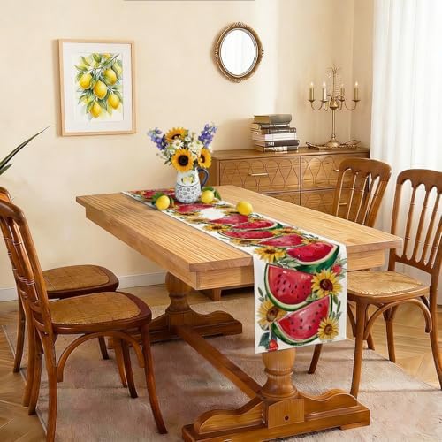 Summer Floral Watermelon Table Runner, Sunflower Decorations Watermelon Decor Strawberry Wildflowers Fruit Spring Summer Seasonal Kitchen Dining Table Decoration for Home Party Decor