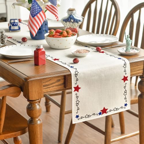 Artoid Mode Beige Patriotic Stars Border 210 GSM 4th of July Table Runner, Memorial Day Kitchen Dining Table Decoration for Home Party Decor 13x36 Inch