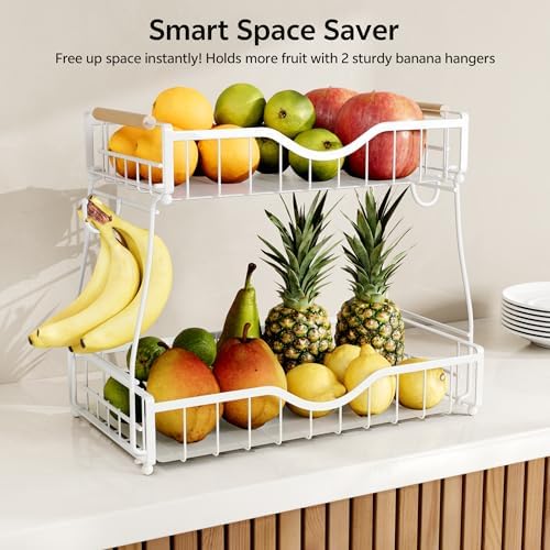 2 Tier Fruit Basket for Kitchen Countertop with 2 Banana Hangers,Detachable Metal Fruit Bowl with Wooden Handles and Protective Pads,Large Capacity Fruit and Vegetable Basket Organizer