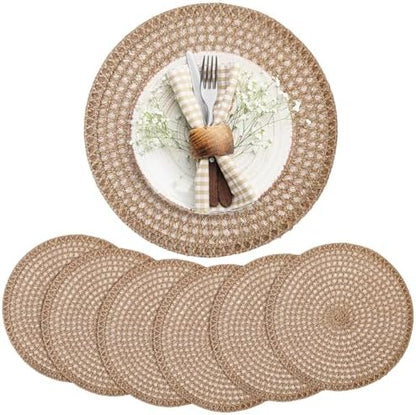 15 Inch Round Burlap Placemat Set of 6 Boho Jute Woven Charger Bulk Rustic Vintage Natural Brown Heat Resistant Dining Table Mat for Wedding Farmhouse Home Kitchen Easter Summer Decoration